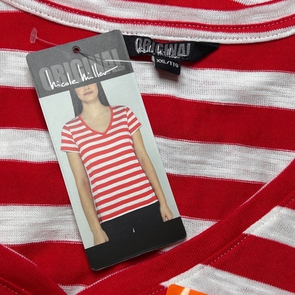 Nicole Miller Stripe Tee t-shirt Tank Top Red V-Neck Short Sleeve Hi Low NWOT - Picture 12 of 15